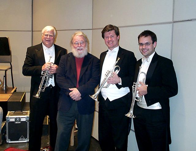 Trumpet section with composer Peter Schickele